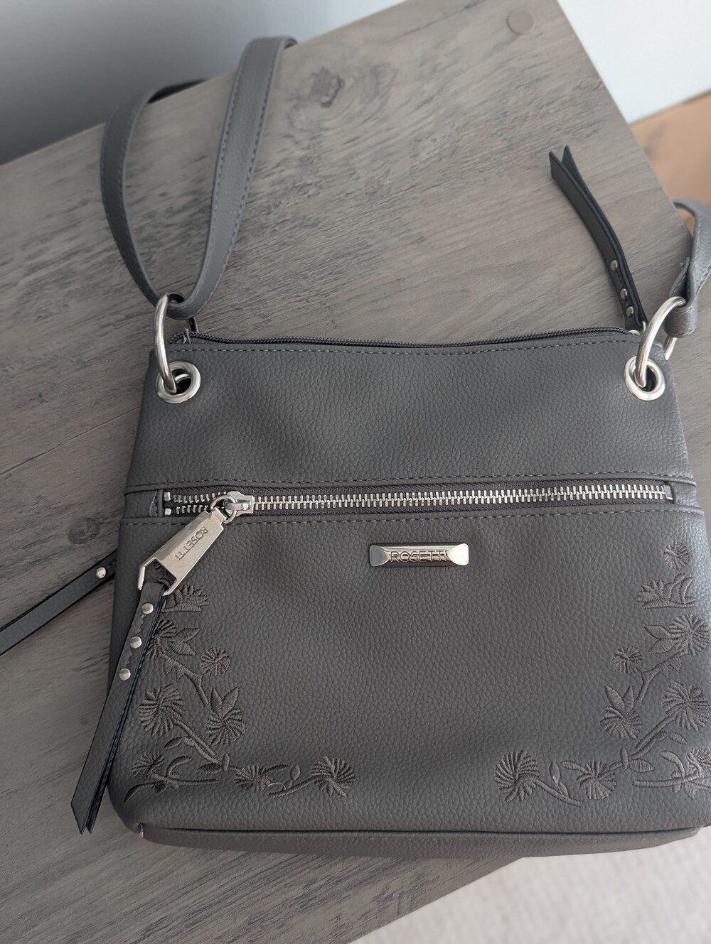 Rosetti Gray Floral Embroidered Zip Crossbody Purse